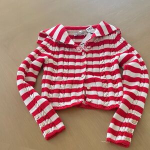 Zara Red and White Striped Cropped Knit Cardigan